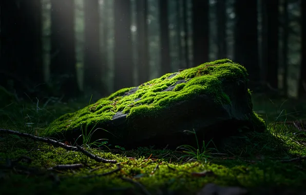 Лес, свет, камень, мох, light, forest, stone, боке