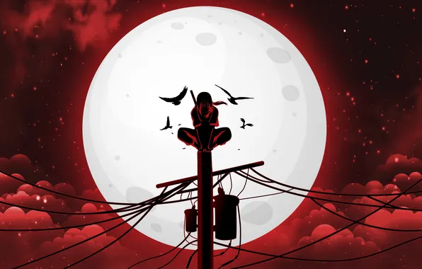 Moon, Naruto, sky, animals, minimalism, crow, anime, night