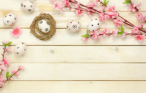 Картинка цветы, корзина, яйца, весна, Пасха, розовые, wood, pink