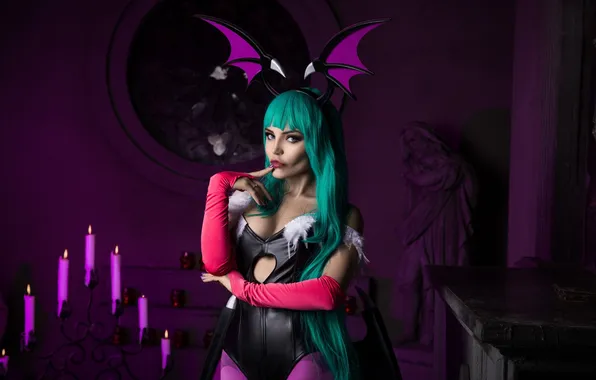 Model, women, cosplay, candles, bats, Morrigan Aensland, blue hair, 500px