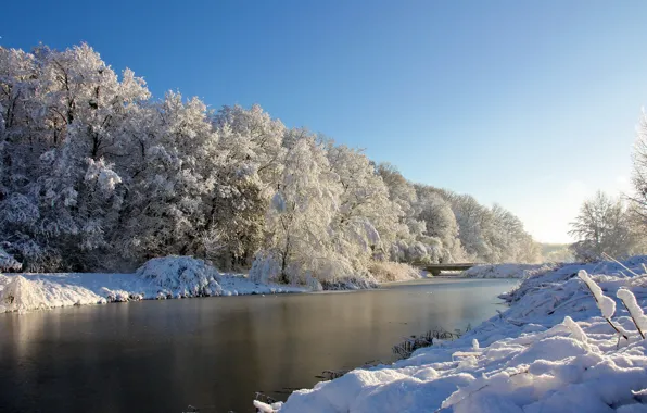 Картинка река, снег, деревья, зима