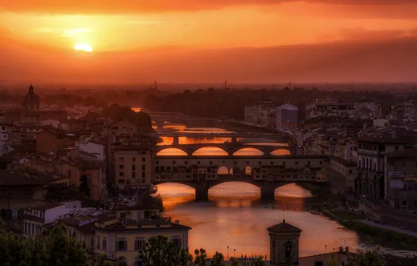 Закат, мост, город, река, дома, Флоренция, Italy, Florence