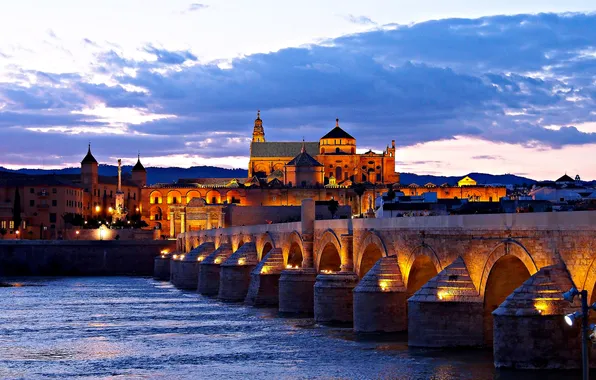 Ночь, мост, огни, река, дома, Испания, Кордова