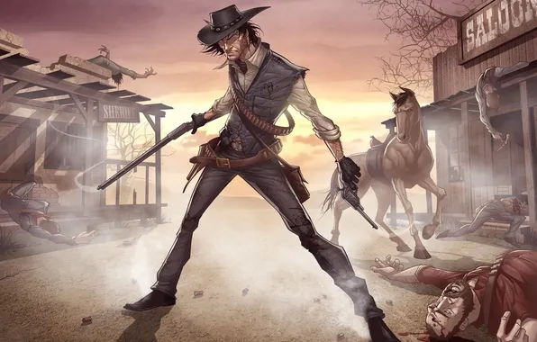 Картинка конь, игра, мужик, убийство, оружия, револьвер, patrick brown, saloon