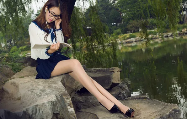 Legs, Sexy, blue, Girls, lake, book, asian, lovely