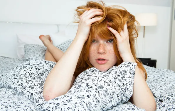 Girl, red hair, green eyes, bed, Mia Sollis