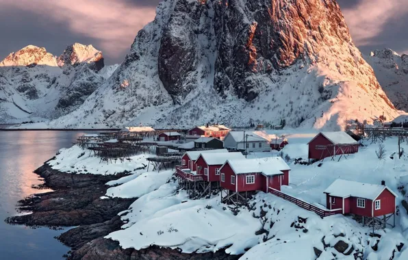 Снег, горы, деревня, Норвегия, sunset, water, village, Norway