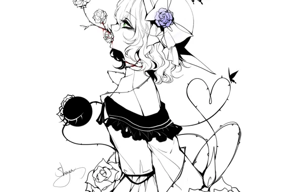 Взгляд, девушка, кровь, розы, арт, шипы, Touhou, Тохо