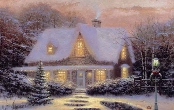 Картинка зима, закат, игрушки, елка, вечер, Рождество, домик, Thomas Kinkade