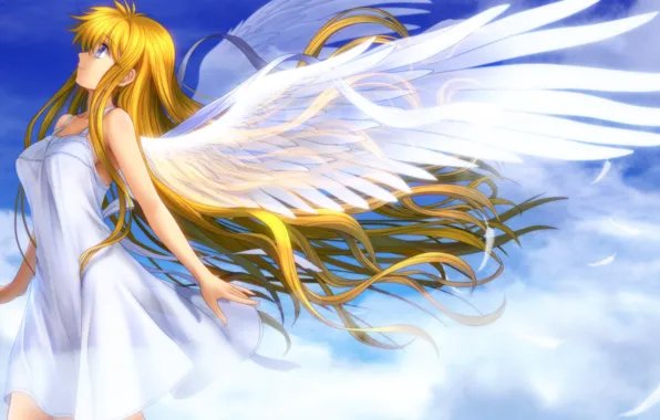 Девушка, крылья, ангел, перья, арт, профиль, air, mutsuki