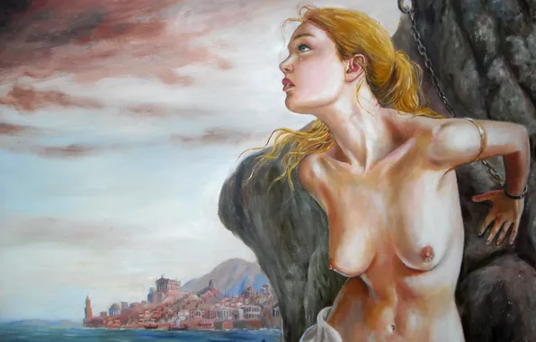 Море, город, скала, цепи, живопись, слёзы, андромеда