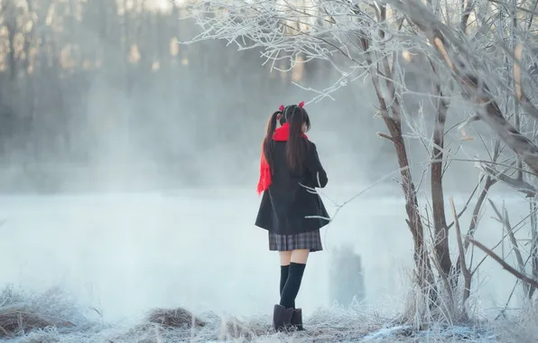 Beautiful, Asian, Model, Winter, Water, Snow, Woman, Back