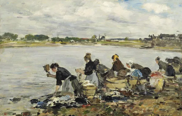 Пейзаж, река, картина, Эжен Буден, Eugene Boudin, Прачки на Берегу Тука