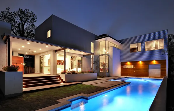 Картинка дом, стиль, house, pool, home, модерн, экстерьер, бассейн.