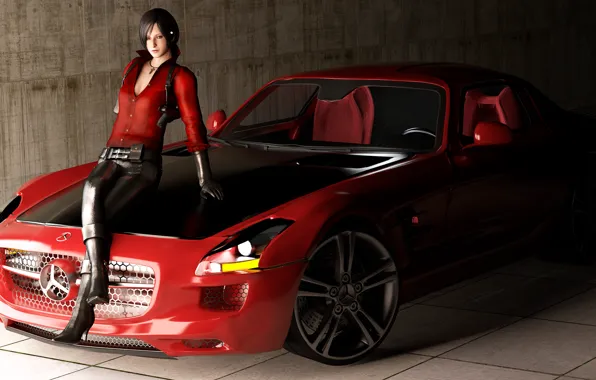 Машина, девушка, SLS AMG, в красном, Mercedes Benz, Resident Evil, roadster, рендер