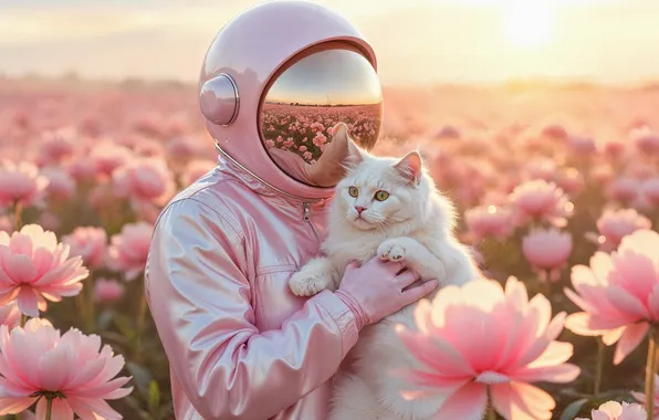 Поле, кошка, белый, лето, кот, солнце, цветы, отражение