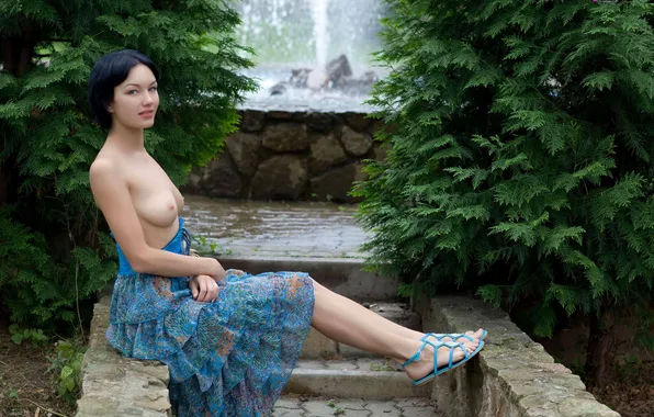 Поза, листва, модель, фонтан, sexy, model, сексуальная, pose