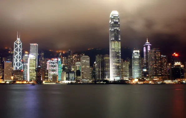 Картинка ночь, Гонконг, небоскребы, Огни