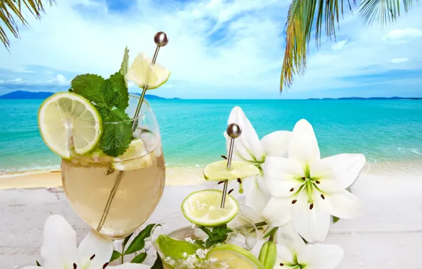 Картинка пляж, коктейль, summer, напиток, beach, fresh, flowers, fruit
