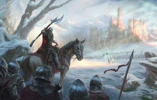 Холод, зима, снег, замок, лошадь, армия, битва, рыцарь