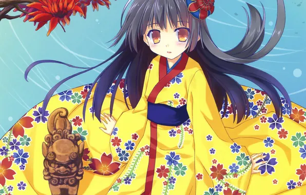 Девушка, цветы, ветви, аниме, арт, кимоно, nanao naru