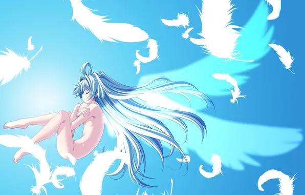 Картинка девушка, крылья, ангел, перья, арт, обнажена, tsurugi hagane, shirogane no soleil