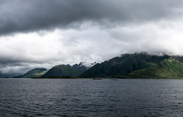 Лес, пейзаж, горы, природа, озеро, Norway, Coastline, Senya