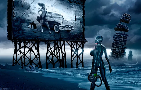 Волны, берег, разрушение, башни, щит, Romantically Apocalyptic