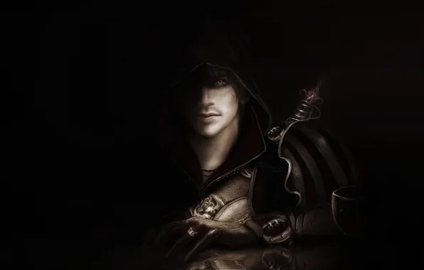 Картинка капюшон, мужчина, черный фон, плащ, это не эцио, Assassin's creed II