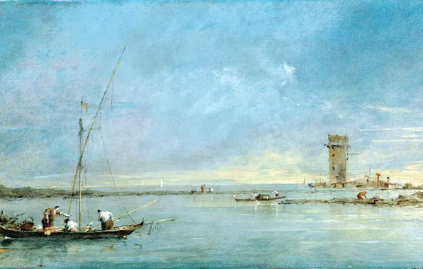 Картинка море, небо, пейзаж, люди, лодка, картина, вид на Венецианскую лагуну с башни Малгера, Франческо Гварди