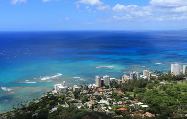Картинка город, океан, высотки, гавайи, hawaii, побережье., гонолулу
