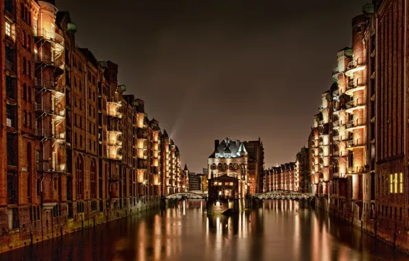 Картинка свет, ночь, мост, здания, дома, Германия, Гамбург, Germany