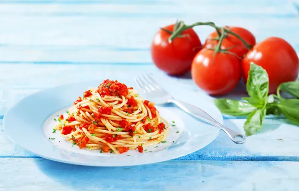 Картинка тарелки, помидоры, вилки, макаронные изделия, pomodoro sauce
