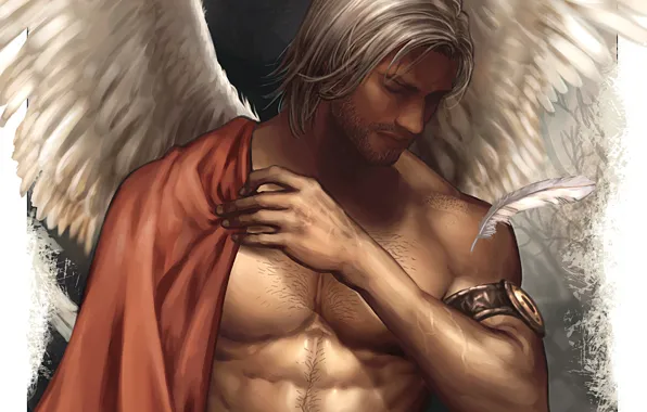 Картинка фантастика, крылья, ангел, мужчина, белые волосы, торс