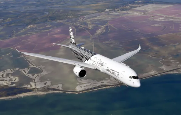 Самолет, Лайнер, Берег, Airbus, Airbus A350-900, Пассажирский самолёт, Airbus A350 XWB