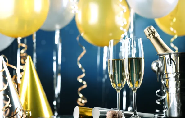 Шары, Новый Год, бокалы, golden, шампанское, серпантин, New Year, celebration
