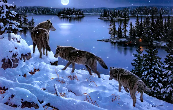 Картинка зима, снег, деревья, озеро, арт, волки, Jerry Gadamus