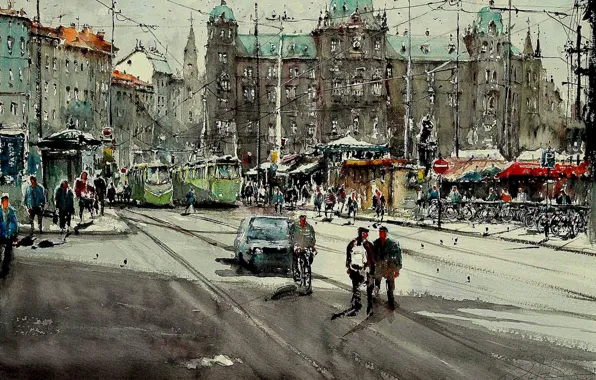 Картинка улица, дома, картина, акварель, городской пейзаж, Максимилиан Дамико