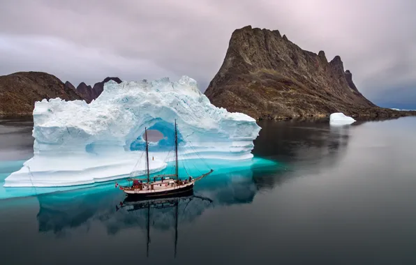 Море, корабль, лёд, айсберг