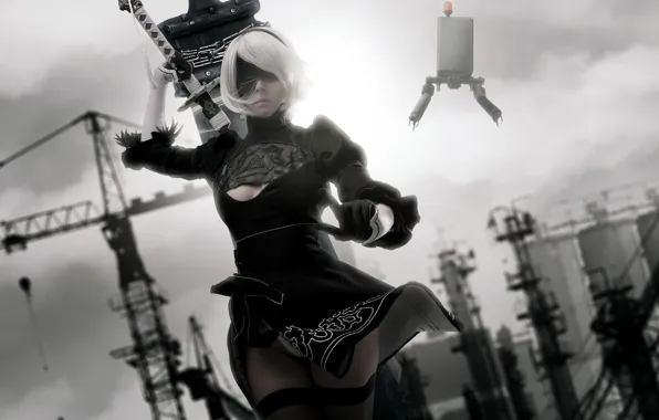 Девушка, оружие, робот, косплей, Nier Automata