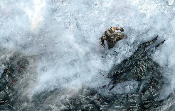 Снег, дракон, герой, битва, The Elder Scrolls Skyrim