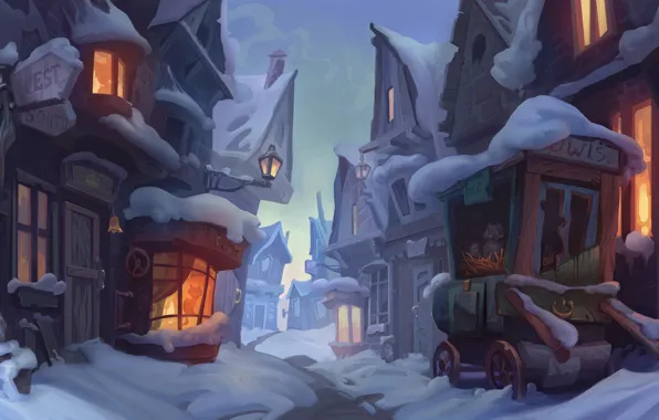 Картинка зима, снег, улица, вечер, арт, городок, детская, Hogsmid-enviroment concept
