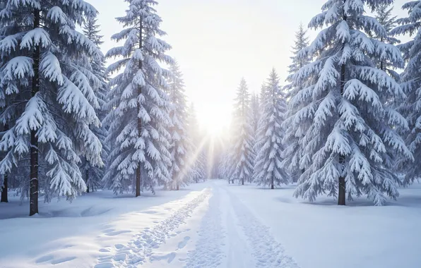 Картинка зима, дорога, лес, снег, елки, forest, nature, winter