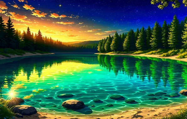 Деревья, озеро, прозрачная вода, красота, trees, lake, beauty, digital art