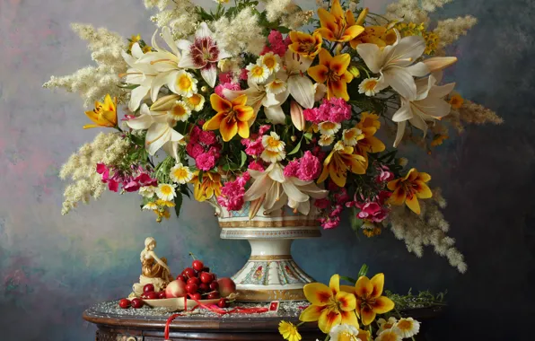 Цветы, стиль, ягоды, лилии, розы, ромашки, букет, ваза