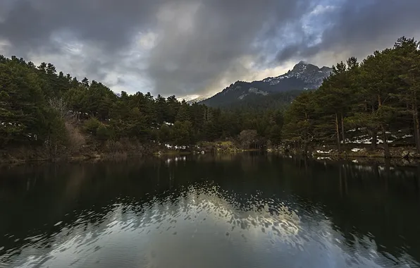 Картинка лес, горы, тучи, озеро, Испания