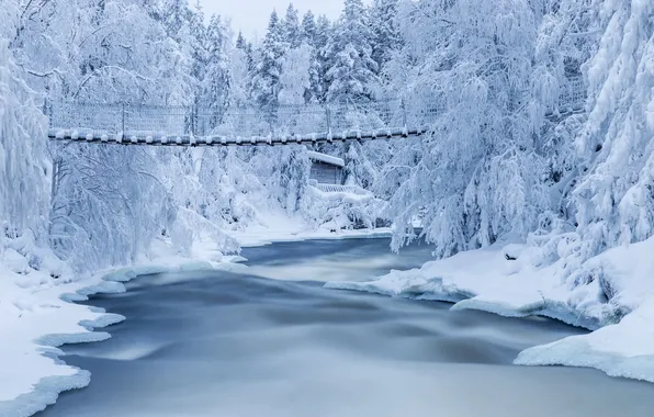 Картинка зима, снег, река, мостик