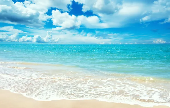 Песок, море, пляж, лето, небо, облака, пейзаж, горизонт