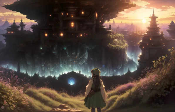 Fantasy, landscape, sunset, anime, art, steampunk, fantasy art, city​​