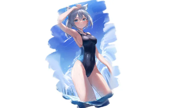 Girl, sea, ocean, boobs, anime, water, swimsuit, babe